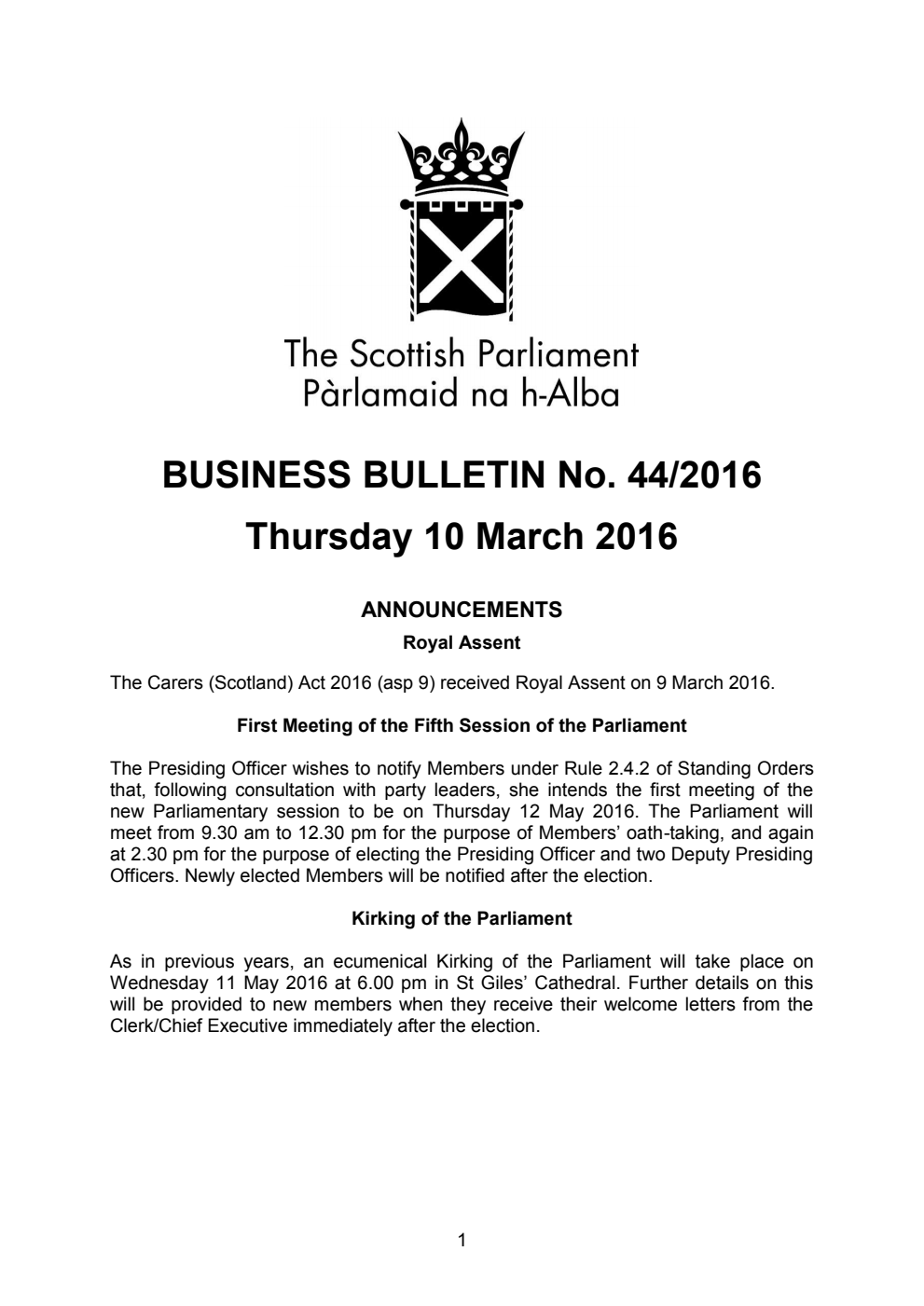 Business Bulletin No. 44/2016, Thursday 10th March 2016
