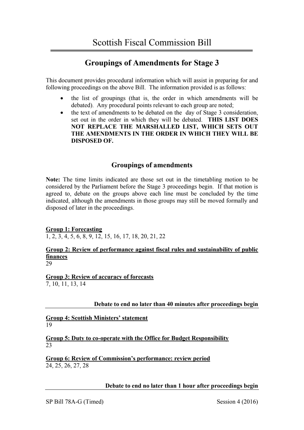 Scottish Fiscal Commission Bill Groupings of Amendments for Stage 3
