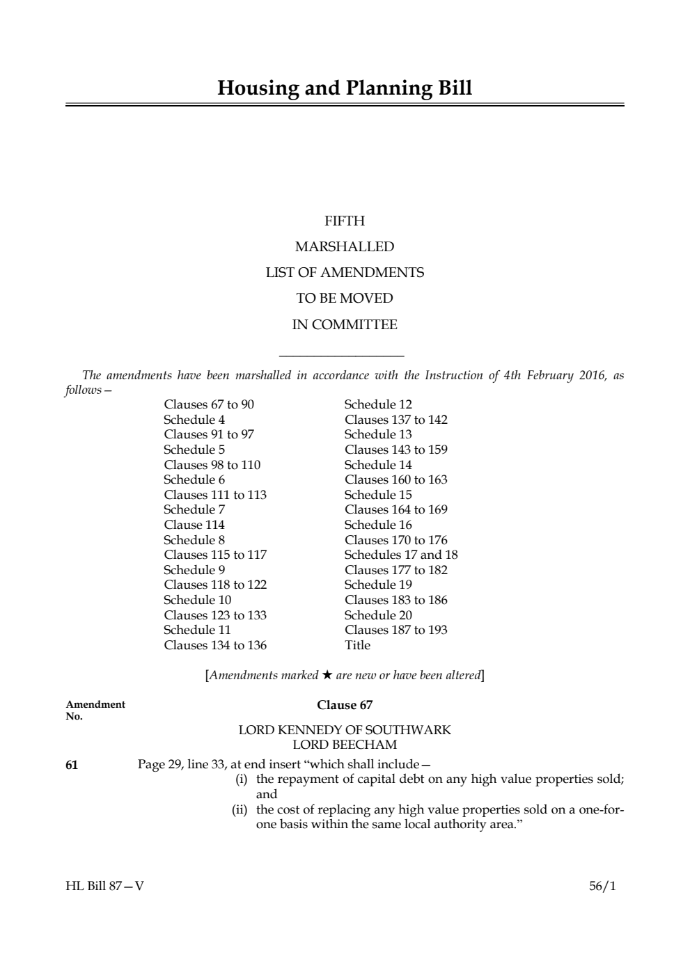 Housing and Planning Bill Lords Amendments 5th Marshalled List