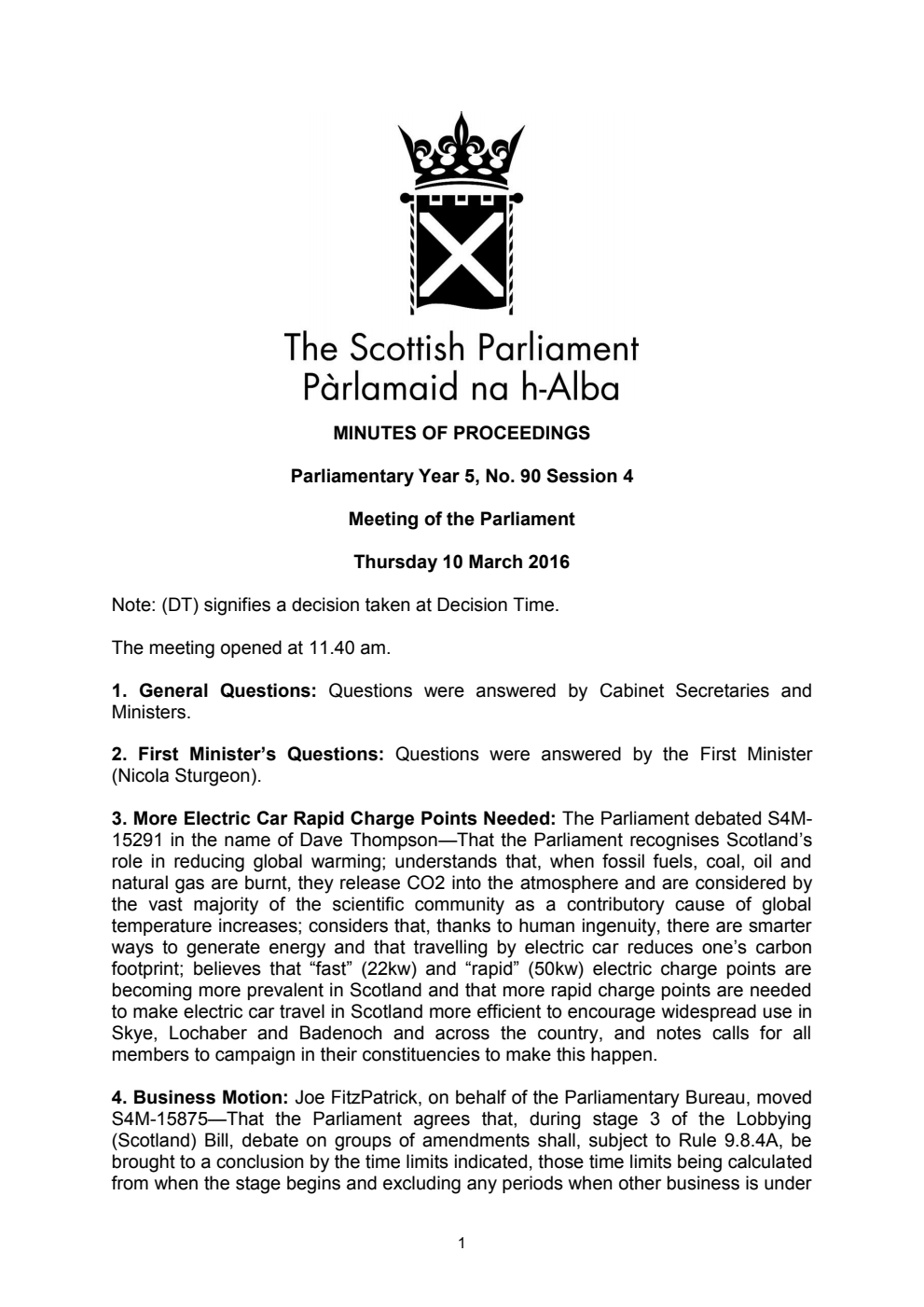 Minutes of Proceedings 10 March 2016 Vol. 5, No. 90 Session 4