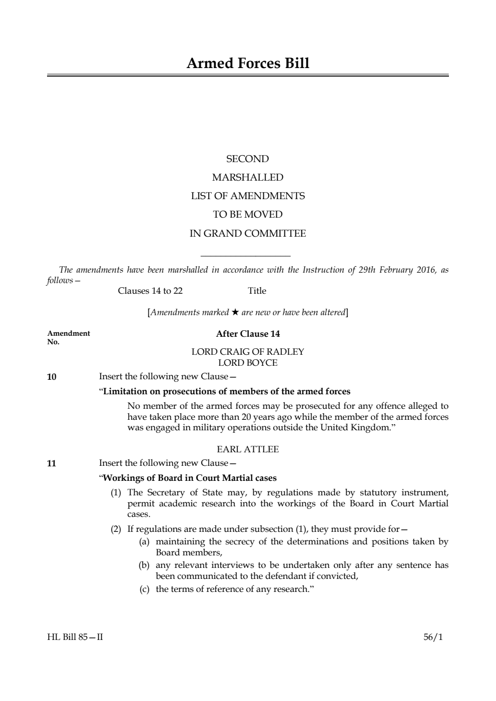 Armed Forces Bill Lords Amendments 2nd Marshalled List