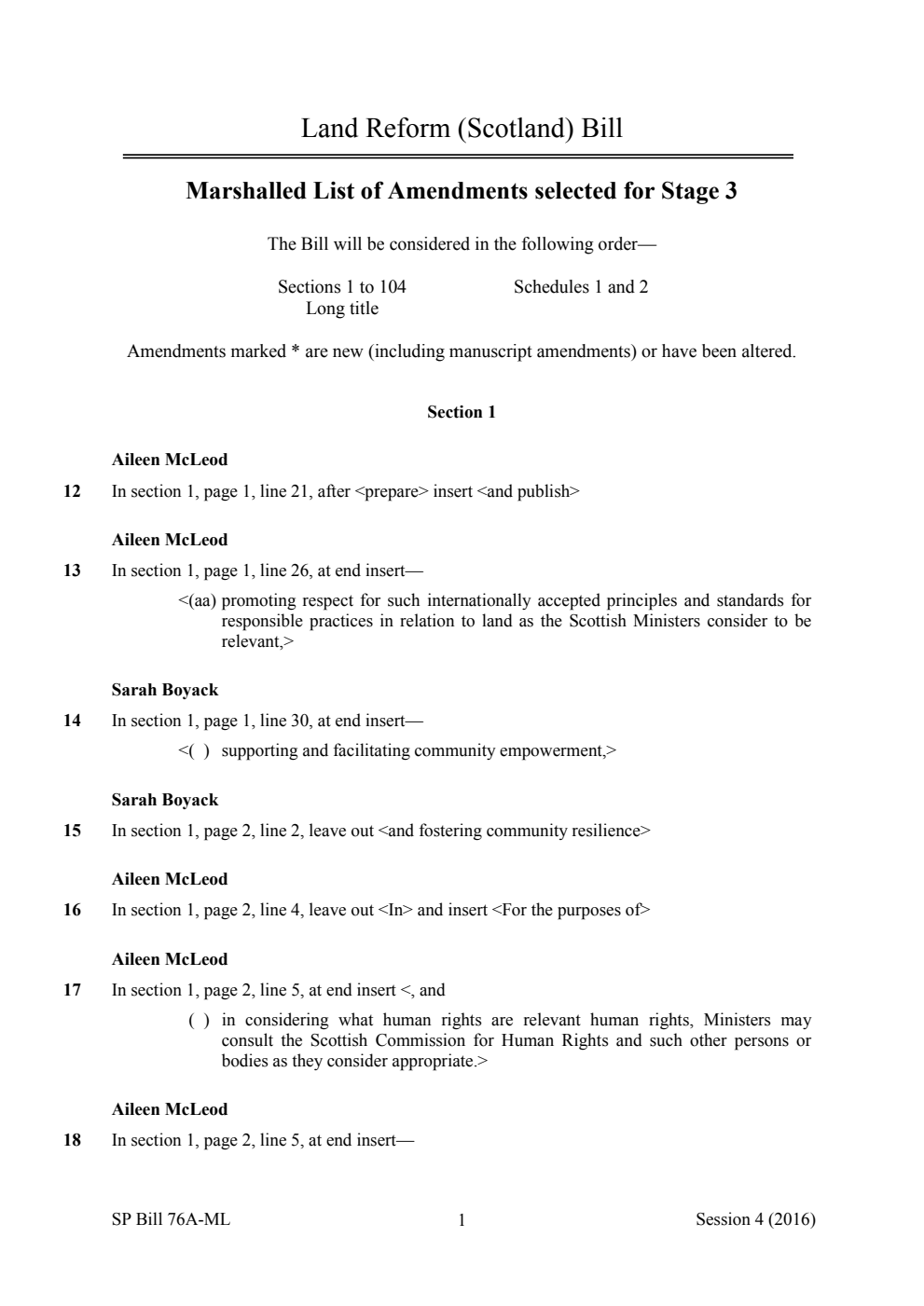 Land Reform (Scotland) Bill Marshalled List of Amendments selected for Stage 3
