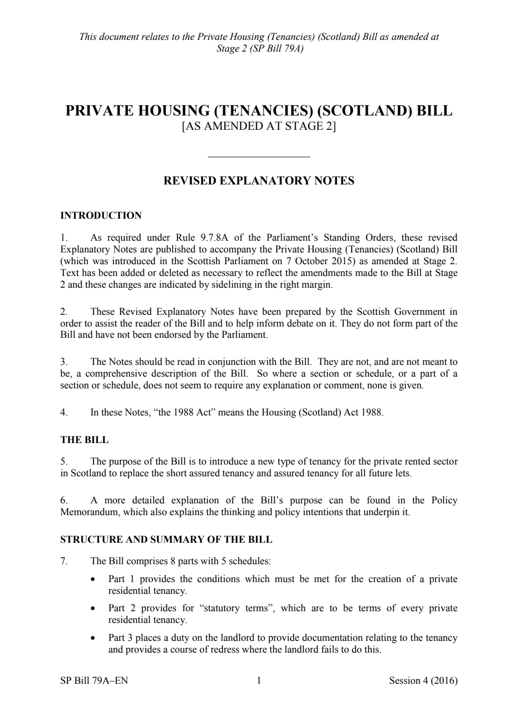 Private Housing (Tenancies) (Scotland) Bill [As amended at stage 2] Revised Explanatory Notes