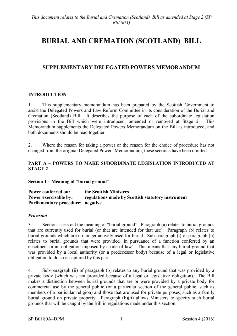 Burial and Cremation (Scotland) Bill Supplementary Delegated Powers Memorandum
