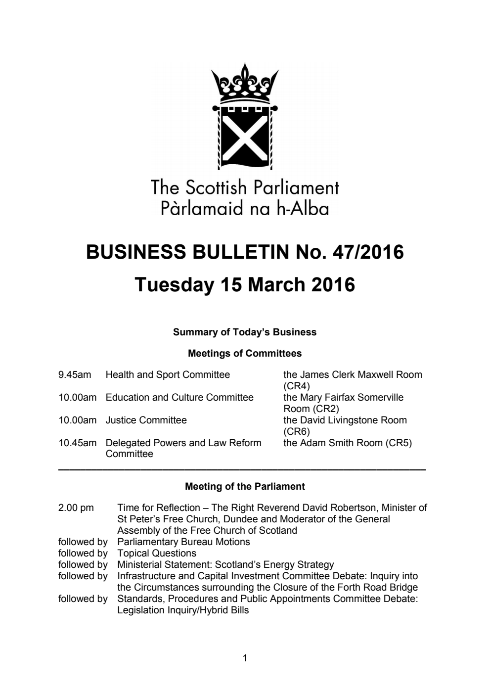 Business Bulletin No. 47/2016, Tuesday 15th March 2016