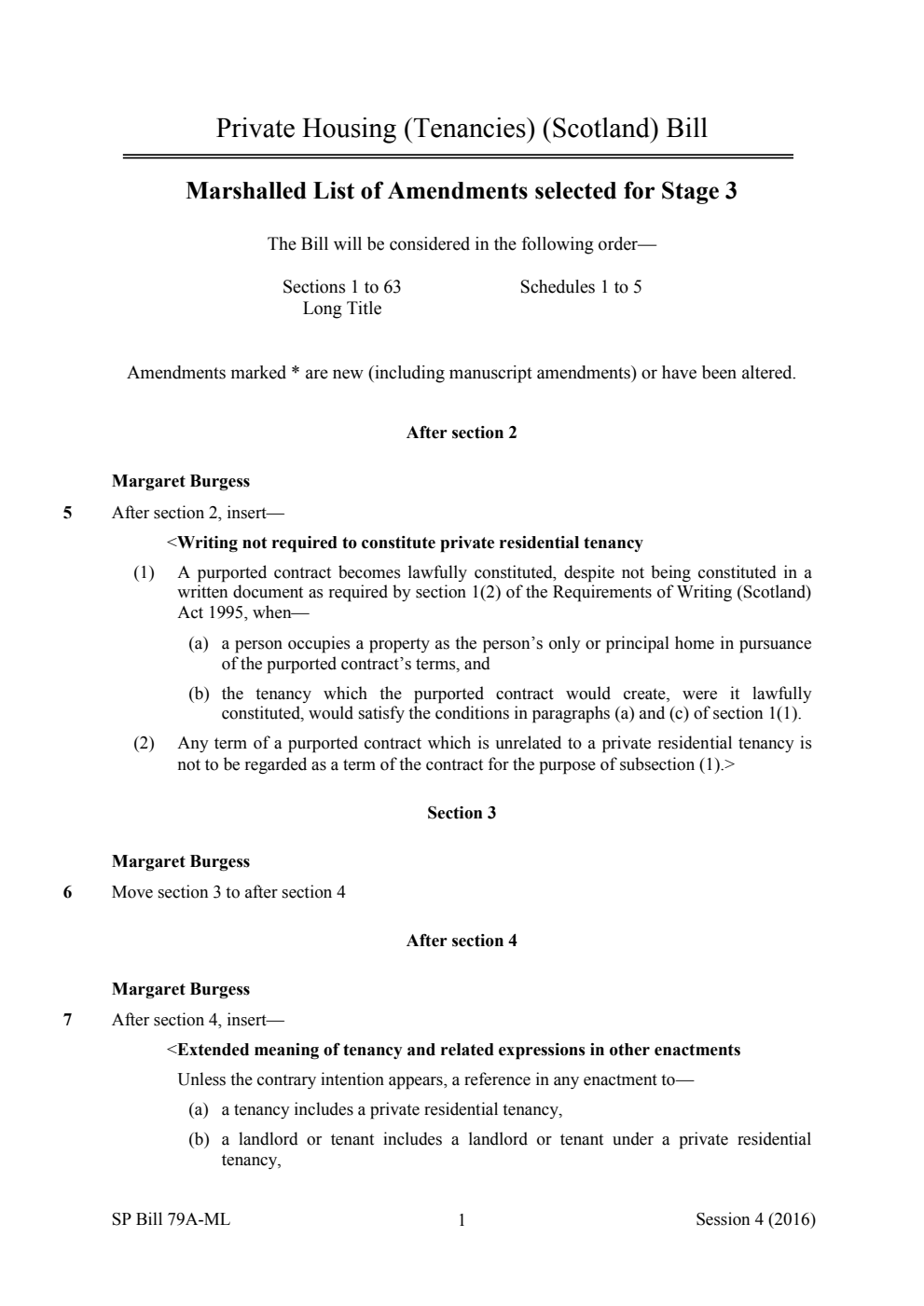 Private Housing (Tenancies) (Scotland) Bill Marshalled List of Amendments selected for Stage 3