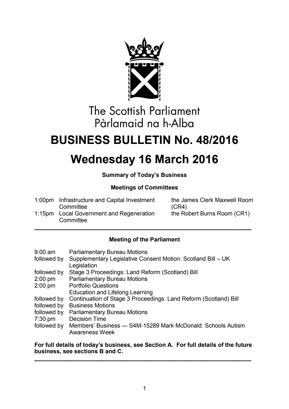 Business Bulletin No. 48/2016, Wednesday 16th March 2016