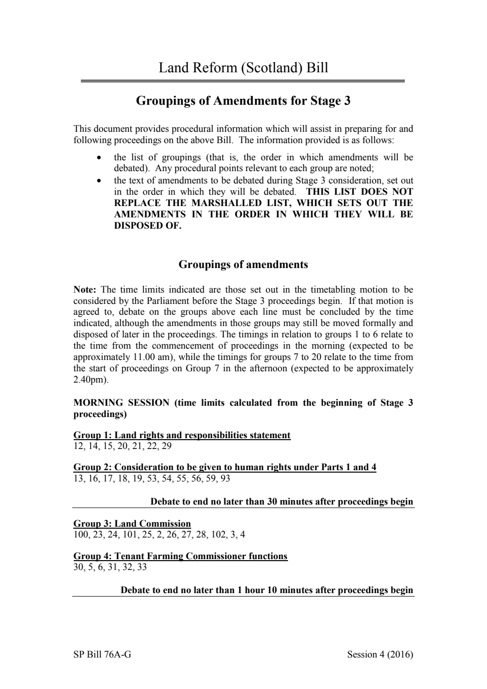 Land Reform (Scotland) Bill Groupings of Amendments for Stage 3