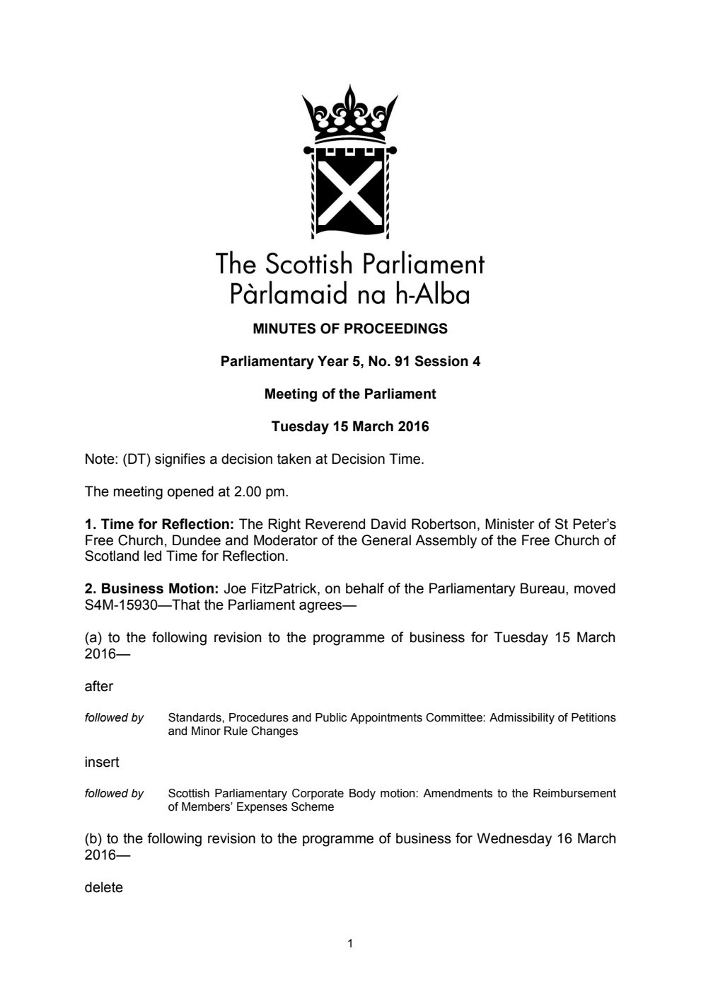 Minutes of Proceedings 15 March 2016 Vol. 5, No. 91 Session 4