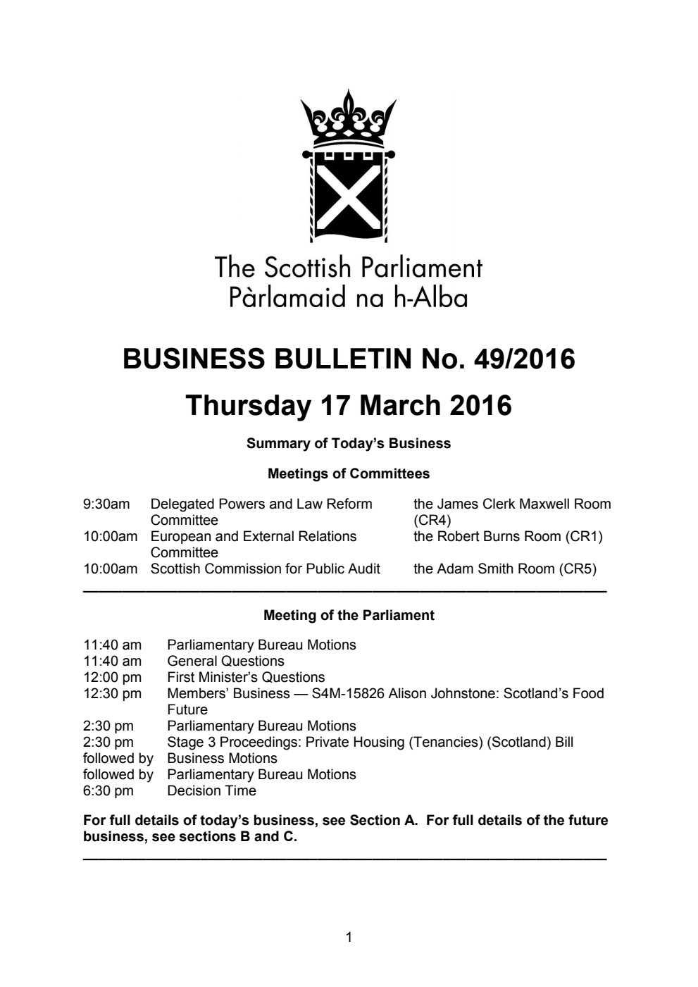Business Bulletin No. 49/2016, Thursday 17th March 2016
