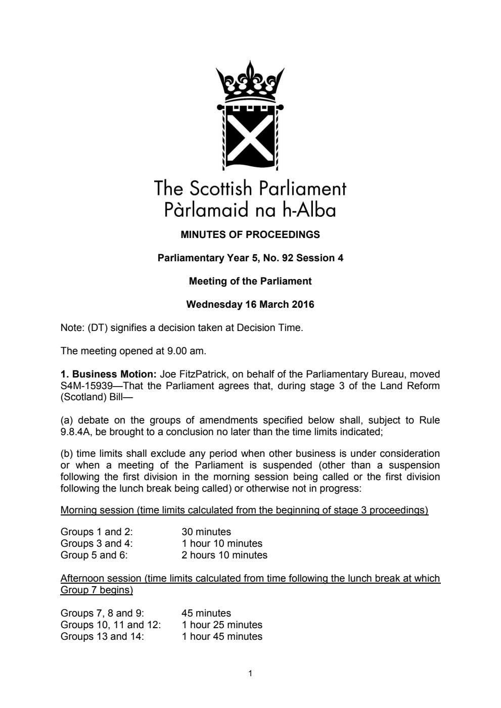 Minutes of Proceedings 16 March 2016 Vol. 5, No. 92 Session 4