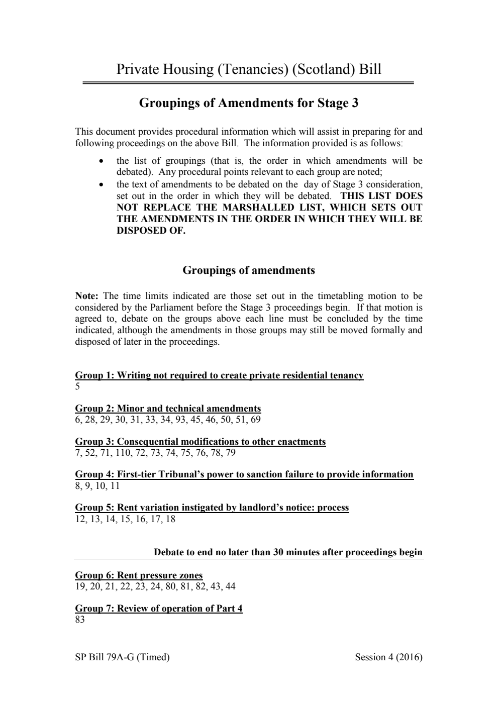 Private Housing (Tenancies) (Scotland) Bill Groupings of Amendments for Stage 3