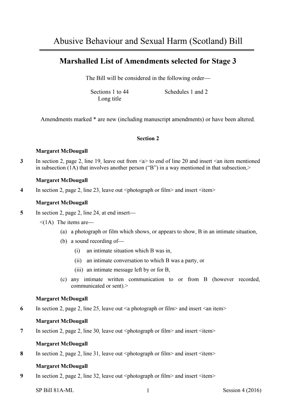 Abusive Behaviour and Sexual Harm (Scotland) Bill Marshalled List of Amendments selected for Stage 3