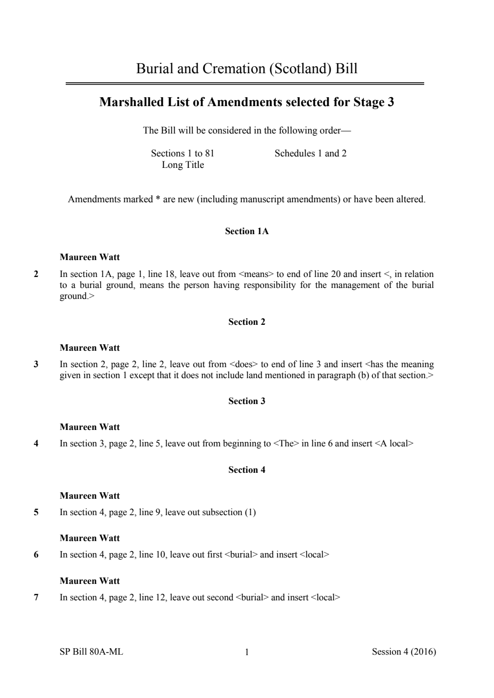 Burial and Cremation (Scotland) Bill Marshalled List of Amendments selected for Stage 3