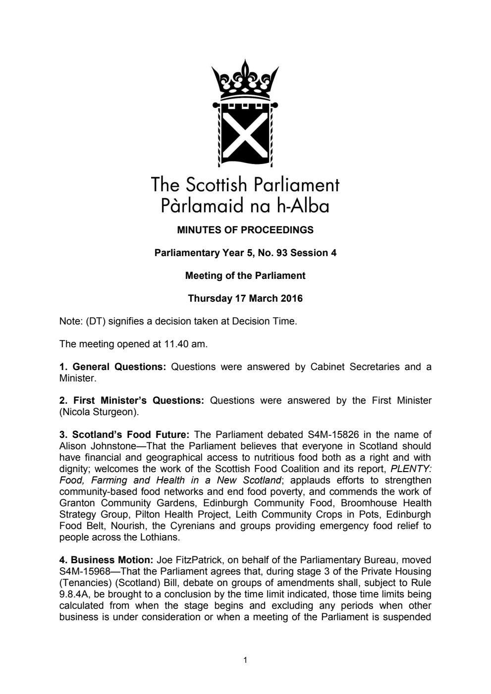 Minutes of Proceedings 17 March 2016 Vol. 5, No. 93 Session 4