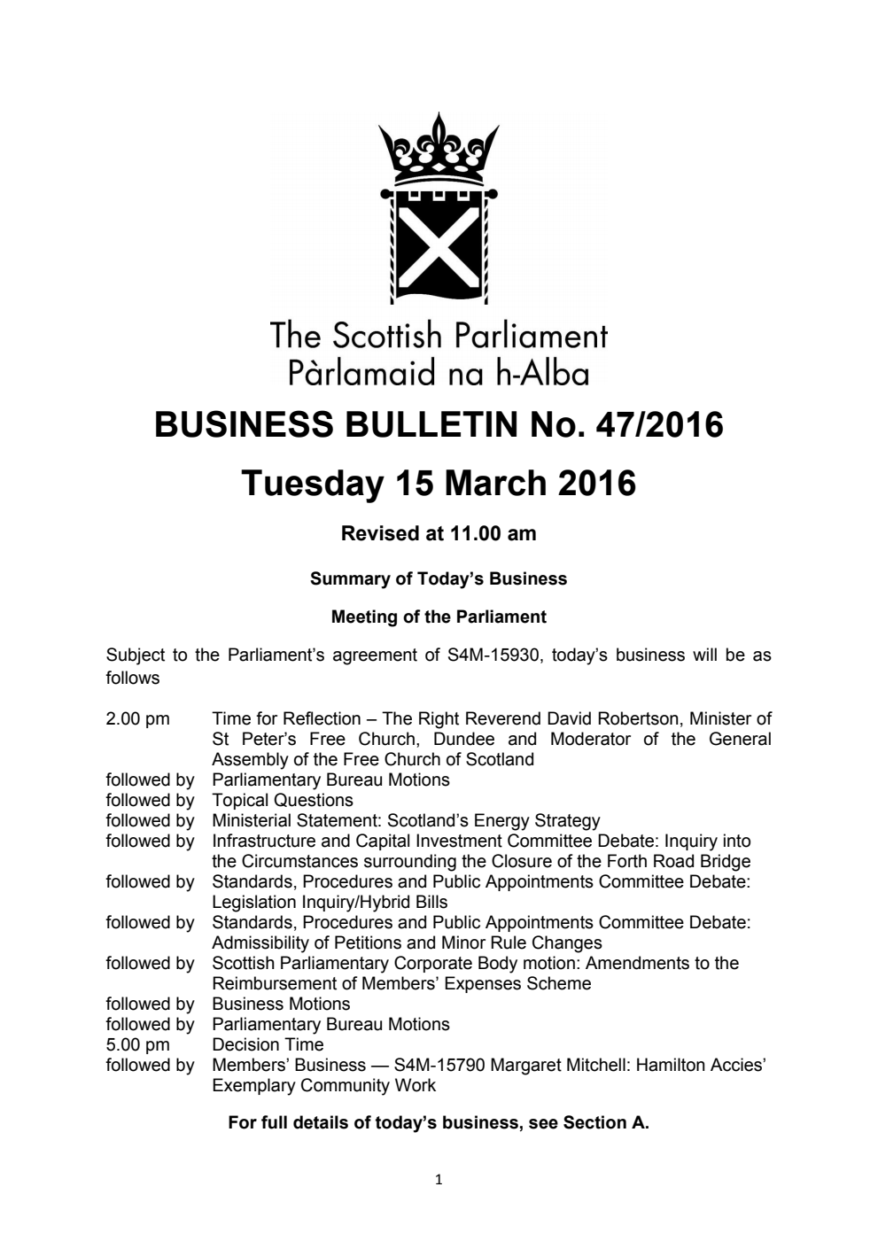 Business Bulletin No. 47/2016, Tuesday 15th March 2016, Revised (Section A)