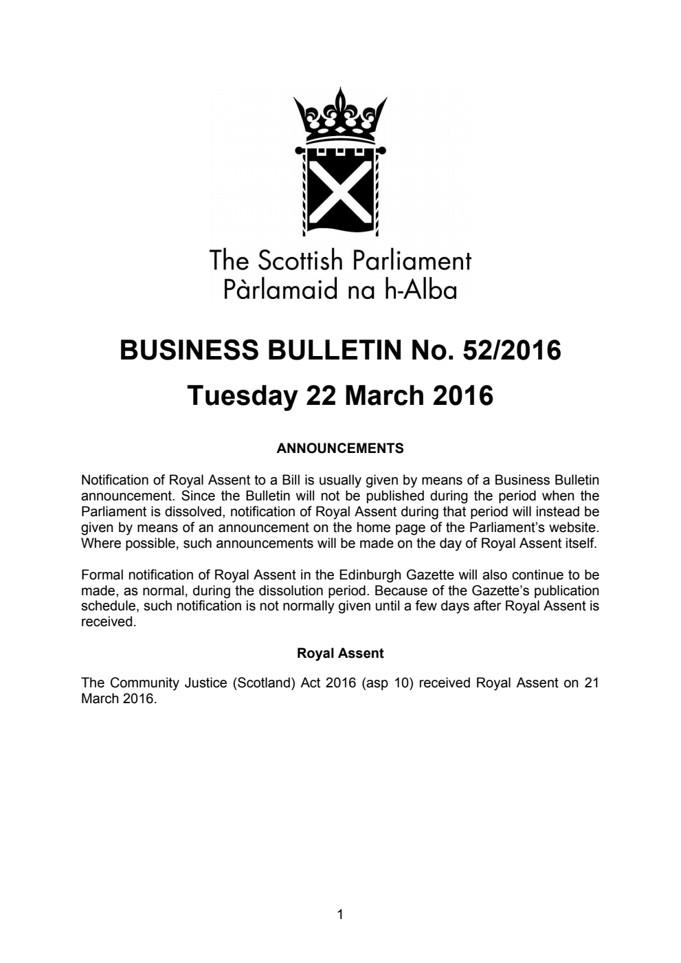 Business Bulletin No. 52/2016, Tuesday 22nd March 2016