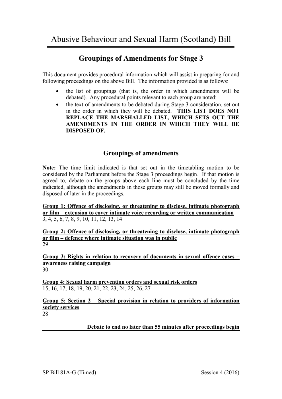 Abusive Behaviour and Sexual Harm (Scotland) Bill Groupings of Amendments for Stage 3