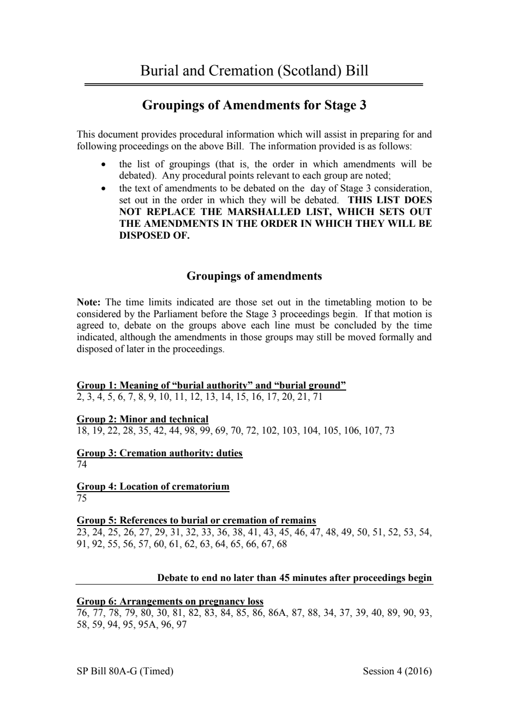 Burial and Cremation (Scotland) Bill Groupings of Amendments for Stage 3
