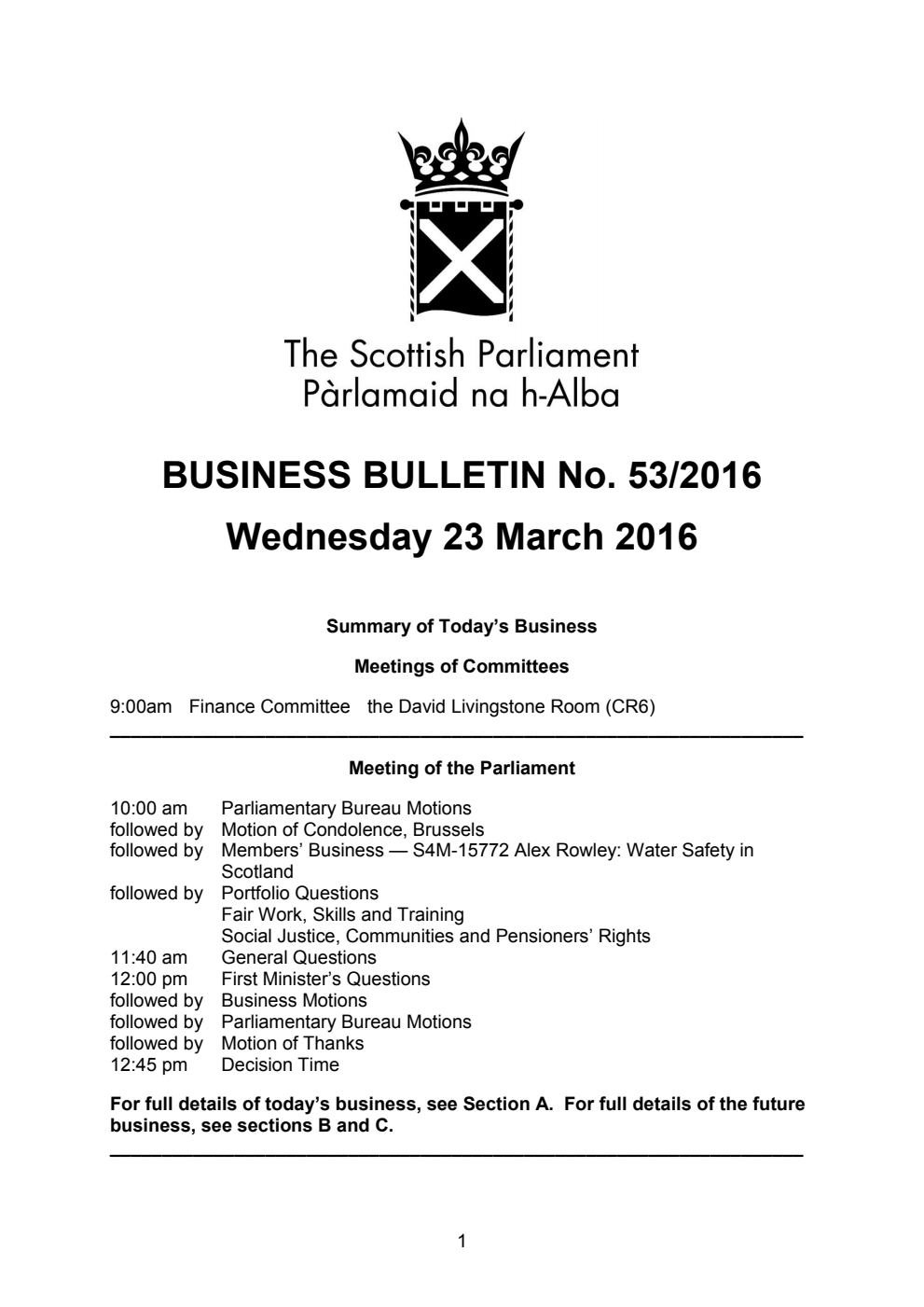 Business Bulletin No. 53/2016, Wednesday 23rd March 2016