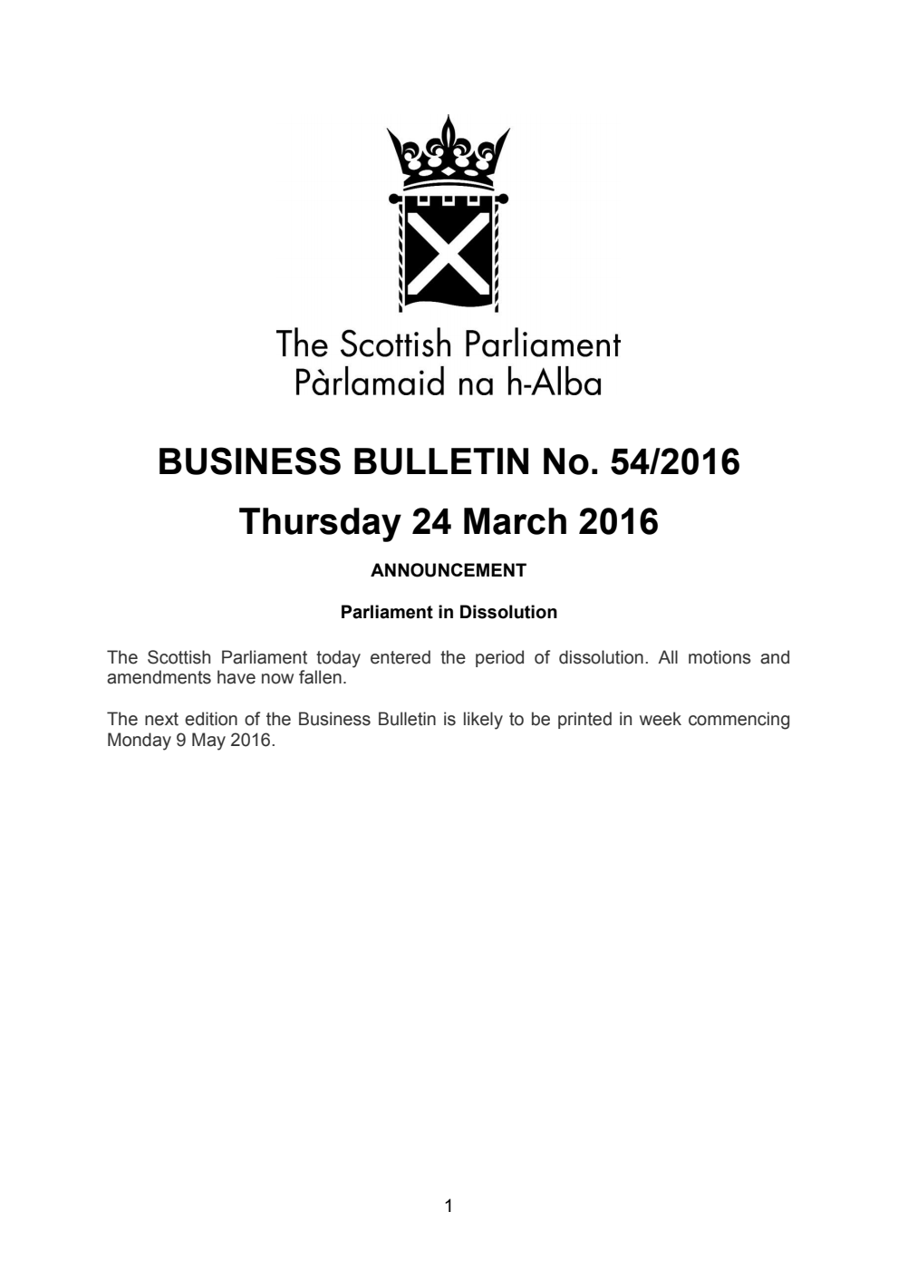 Business Bulletin No. 54/2016, Thursday 24th March 2016