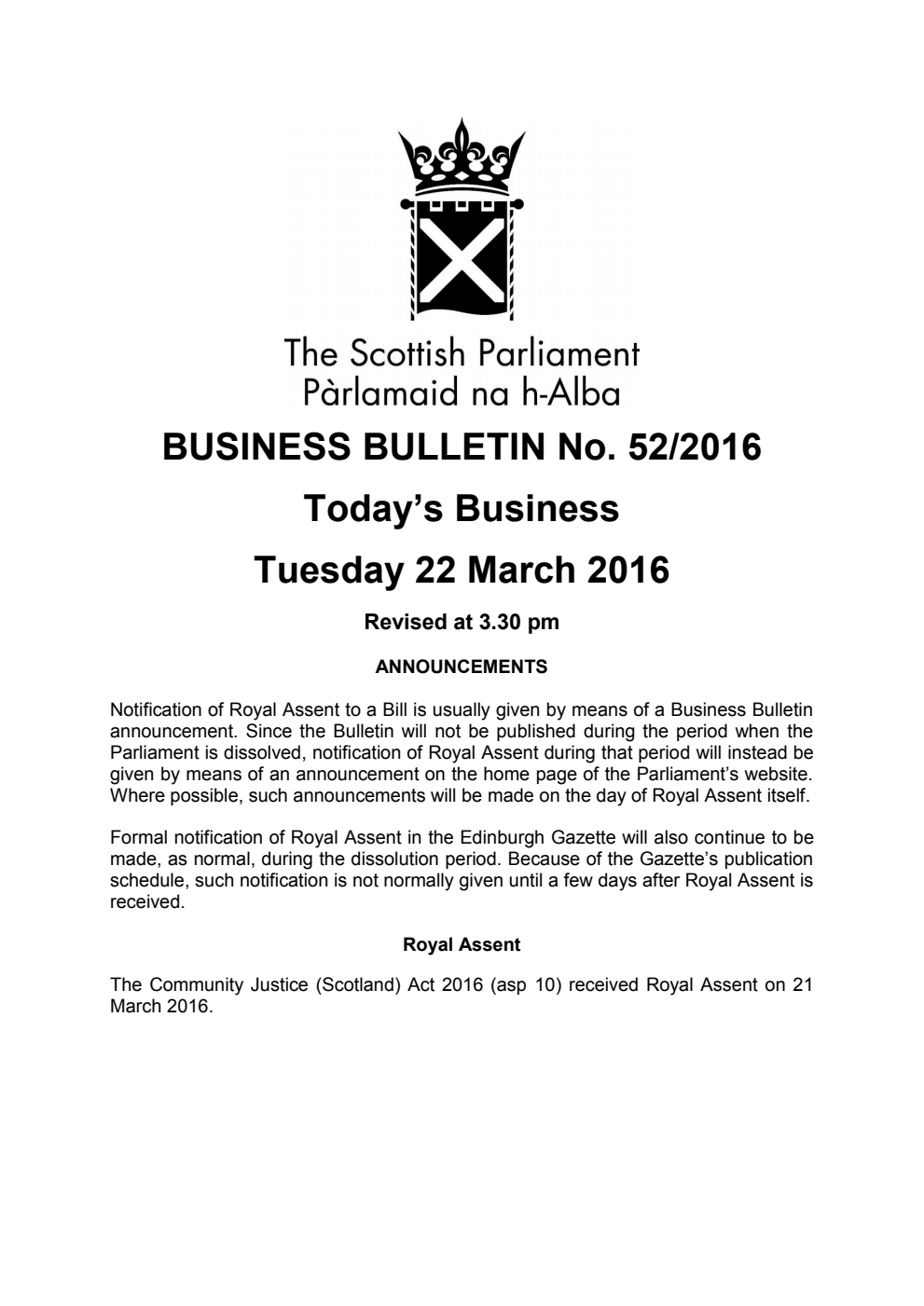 Business Bulletin No. 52/2016, Tuesday 22nd March 2016, Revised (Section A)