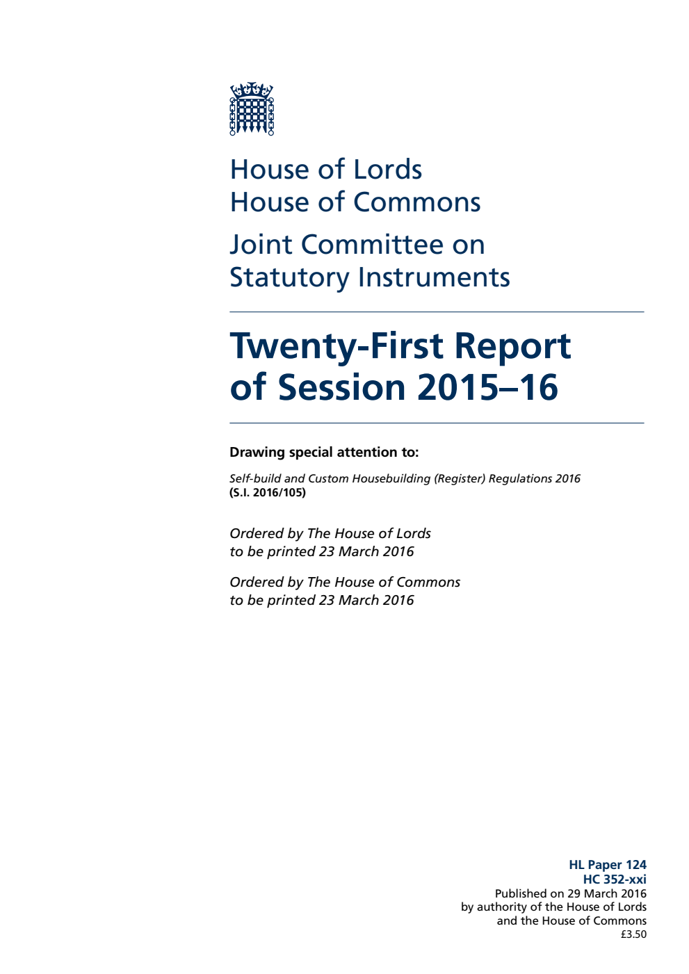 Statutory Instruments Joint Committee 21st Report of Session 2015-16