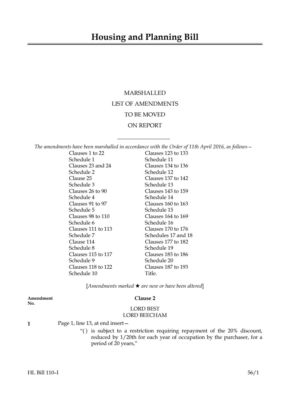 Housing and Planning Bill Lords Amendments 1st Marshalled List