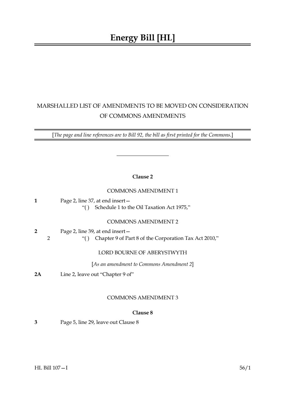 Energy Bill Lords Amendments 1st Marshalled List