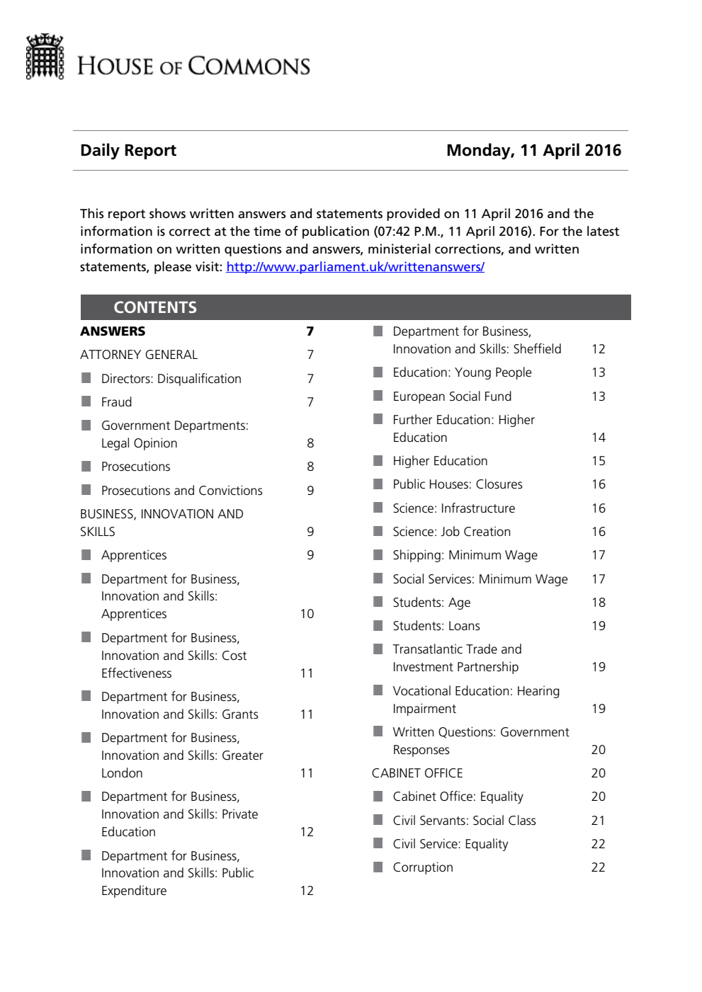 HOC Daily Report Written Answers 11.04.16