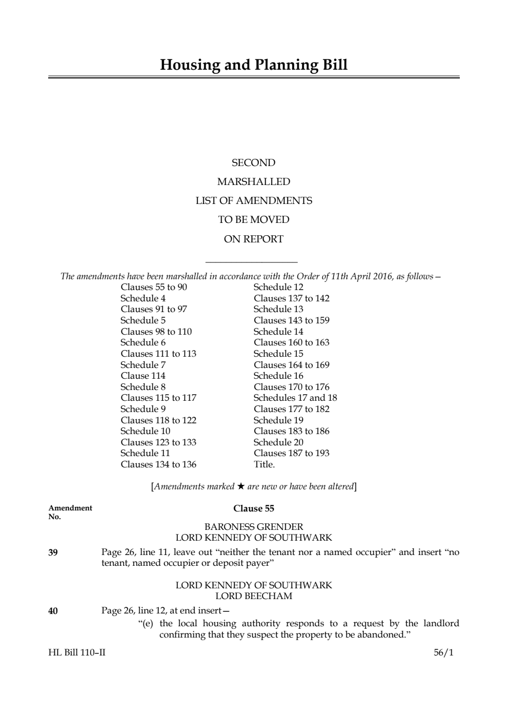 Housing and Planning Bill Lords Amendments 2nd Marshalled List