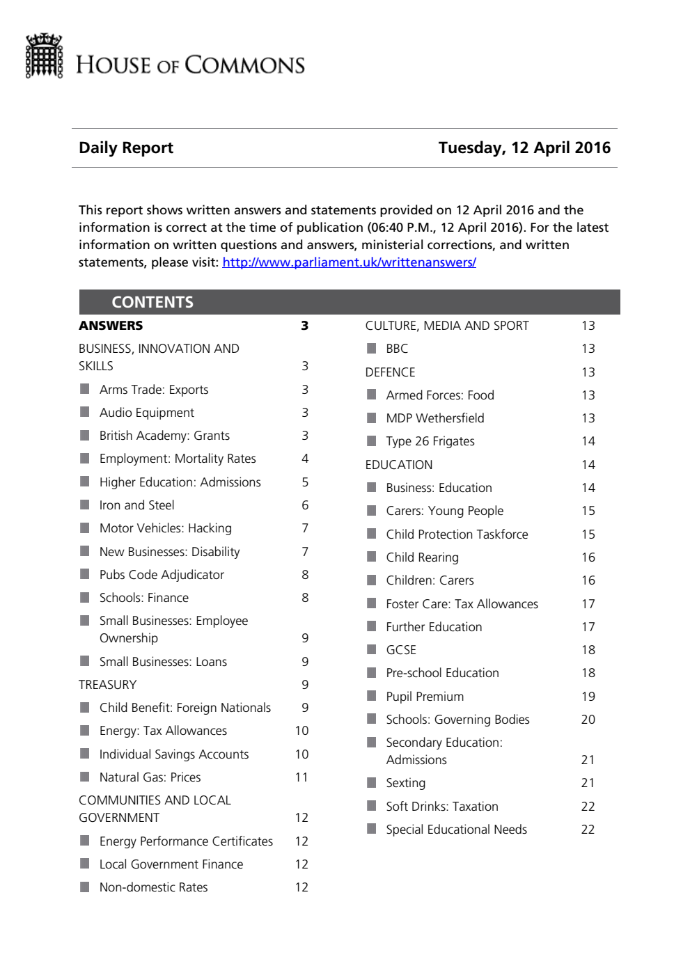 HOC Daily Report Written Answers 12.04.16
