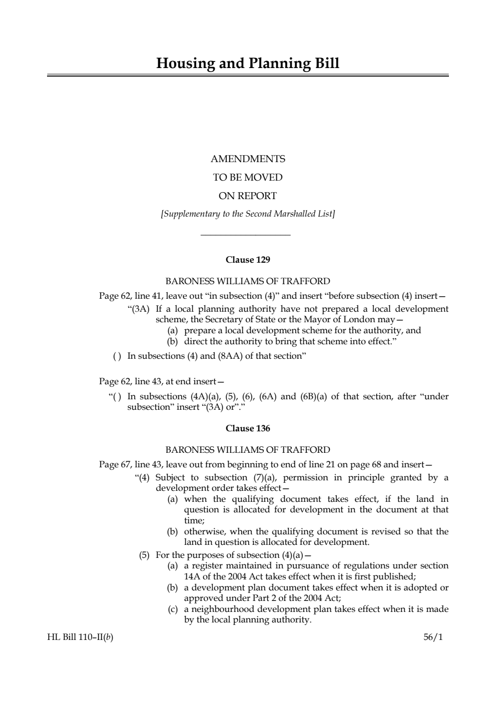 Housing and Planning Bill Lords Amendments