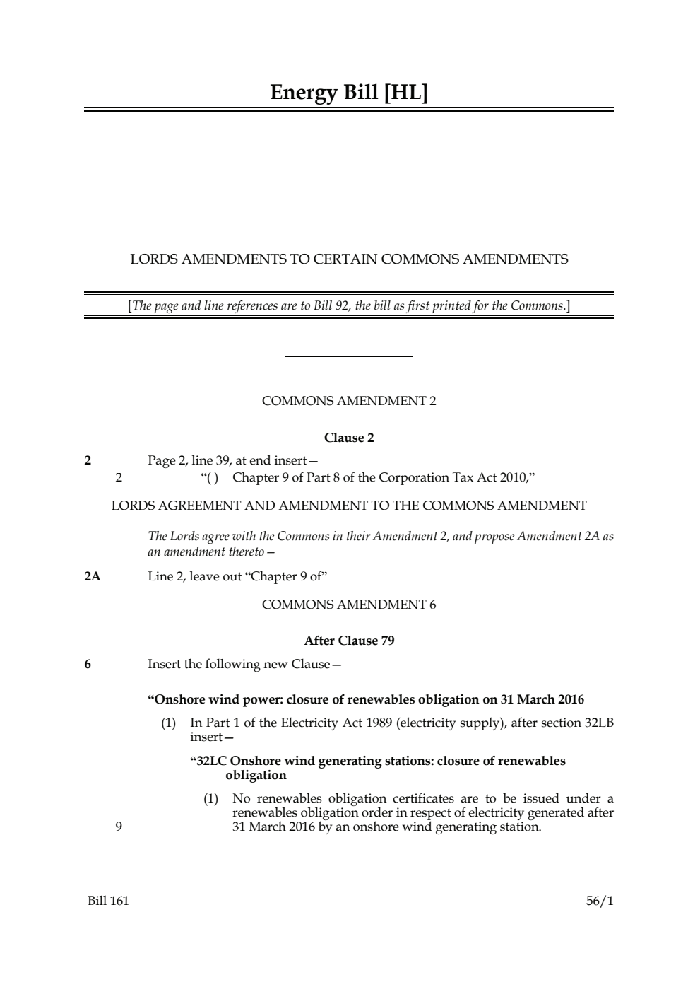 Energy Bill Lords Amendments to Certain Commons Amendments