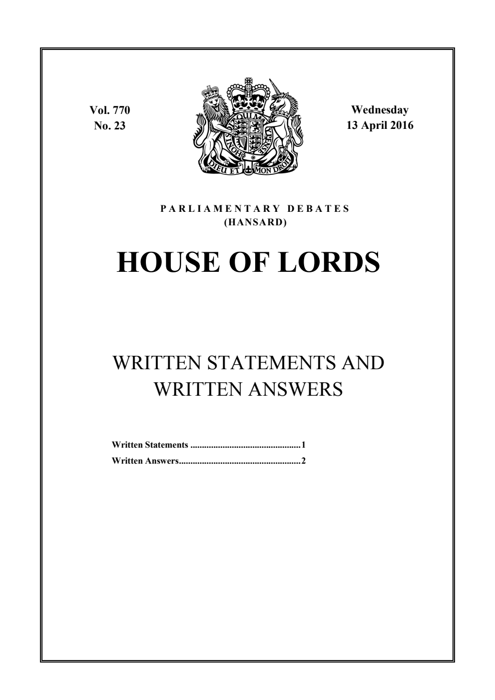 HOL Daily Report Written Statements and Answers 13.04.16