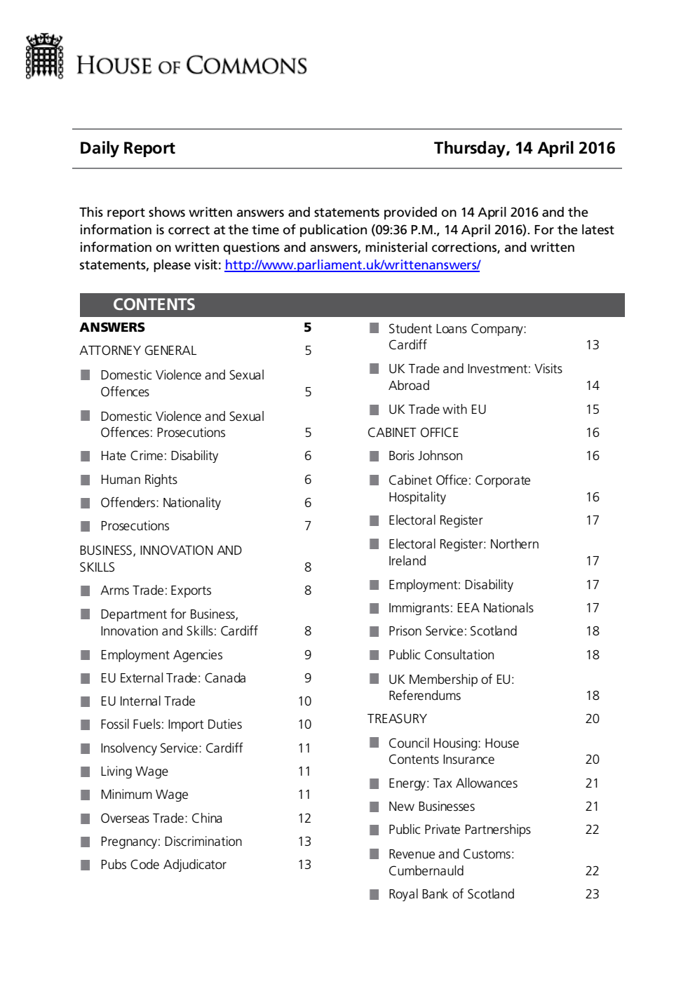 HOC Daily Report Written Answers 14.04.16