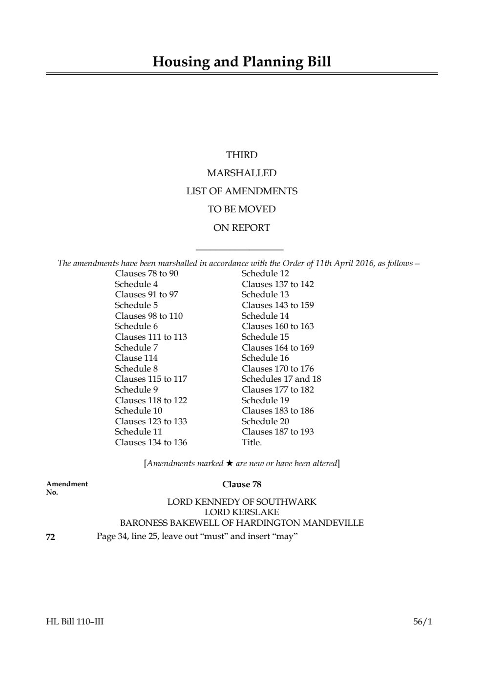 Housing and Planning Bill Lords Amendments 3rd Marshalled List