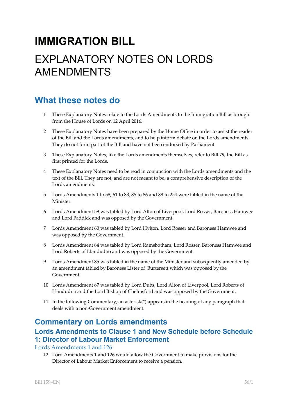 Immigration Bill Explanatory Notes on Lords Amendments