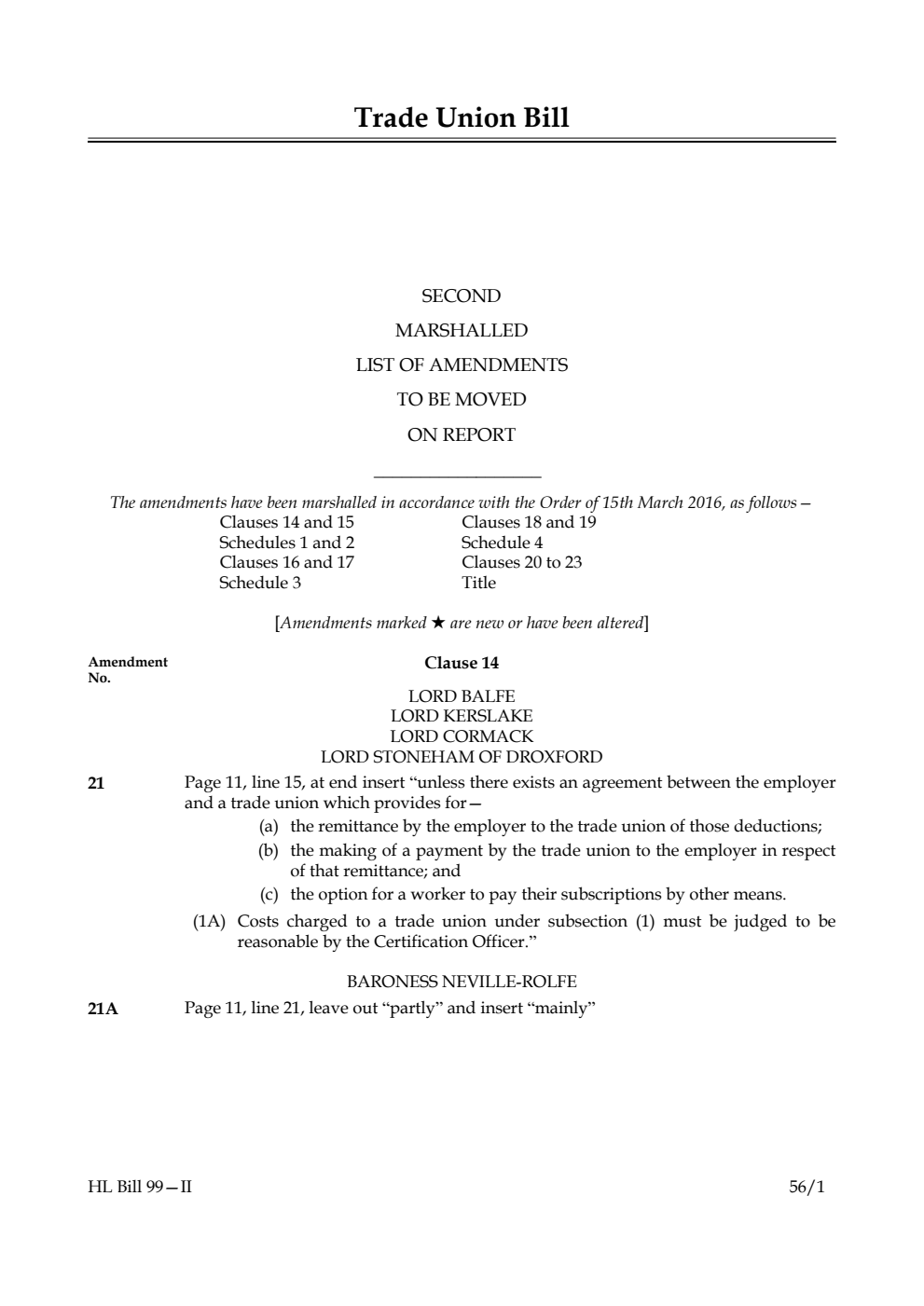 Trade Union Bill Lords Amendments 2nd Marshalled List