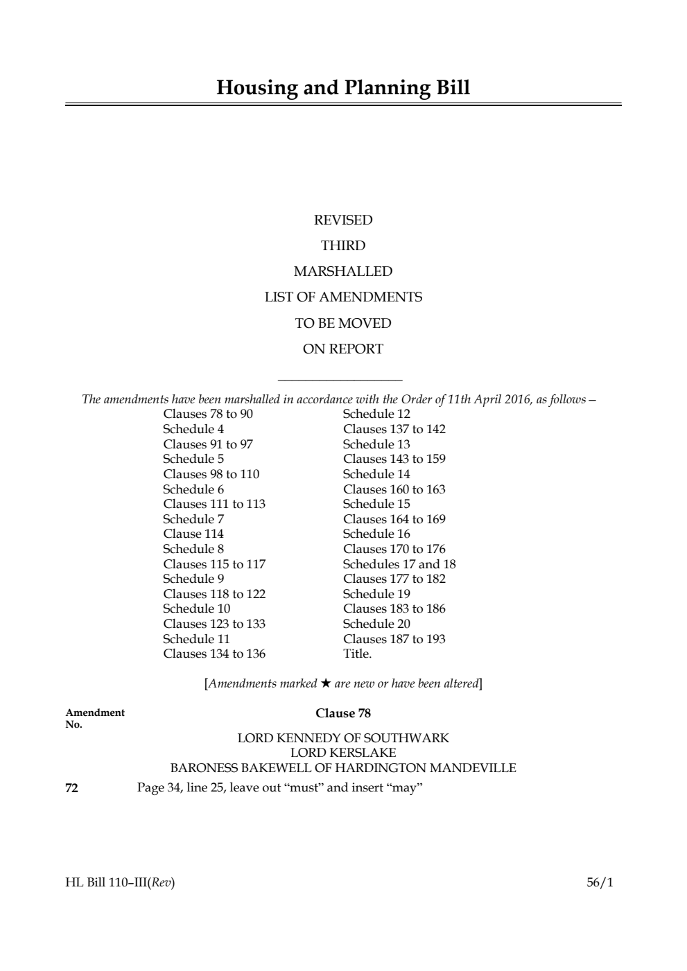 Housing and Planning Bill Lords Amendments Revised 3rd Marshalled List