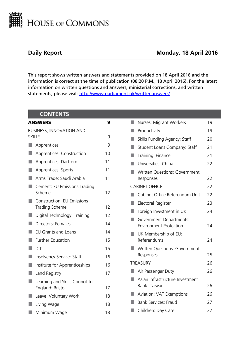 HOC Daily Report Written Answers 18.04.16