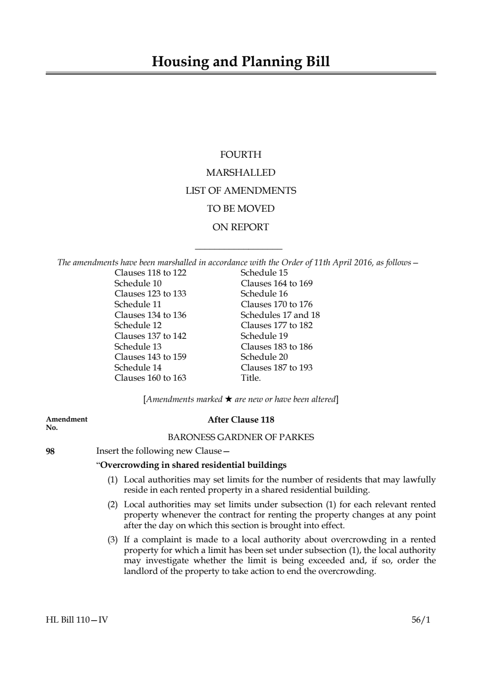 Housing and Planning Bill Lords Amendments 4th Marshalled List