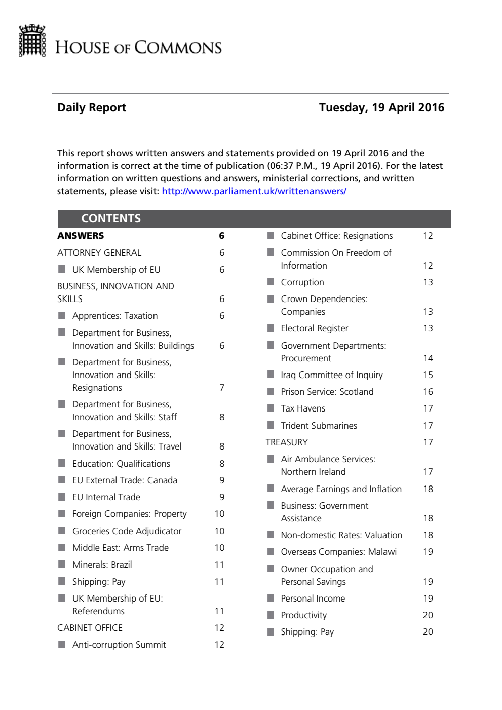 HOC Daily Report Written Answers 19.04.16