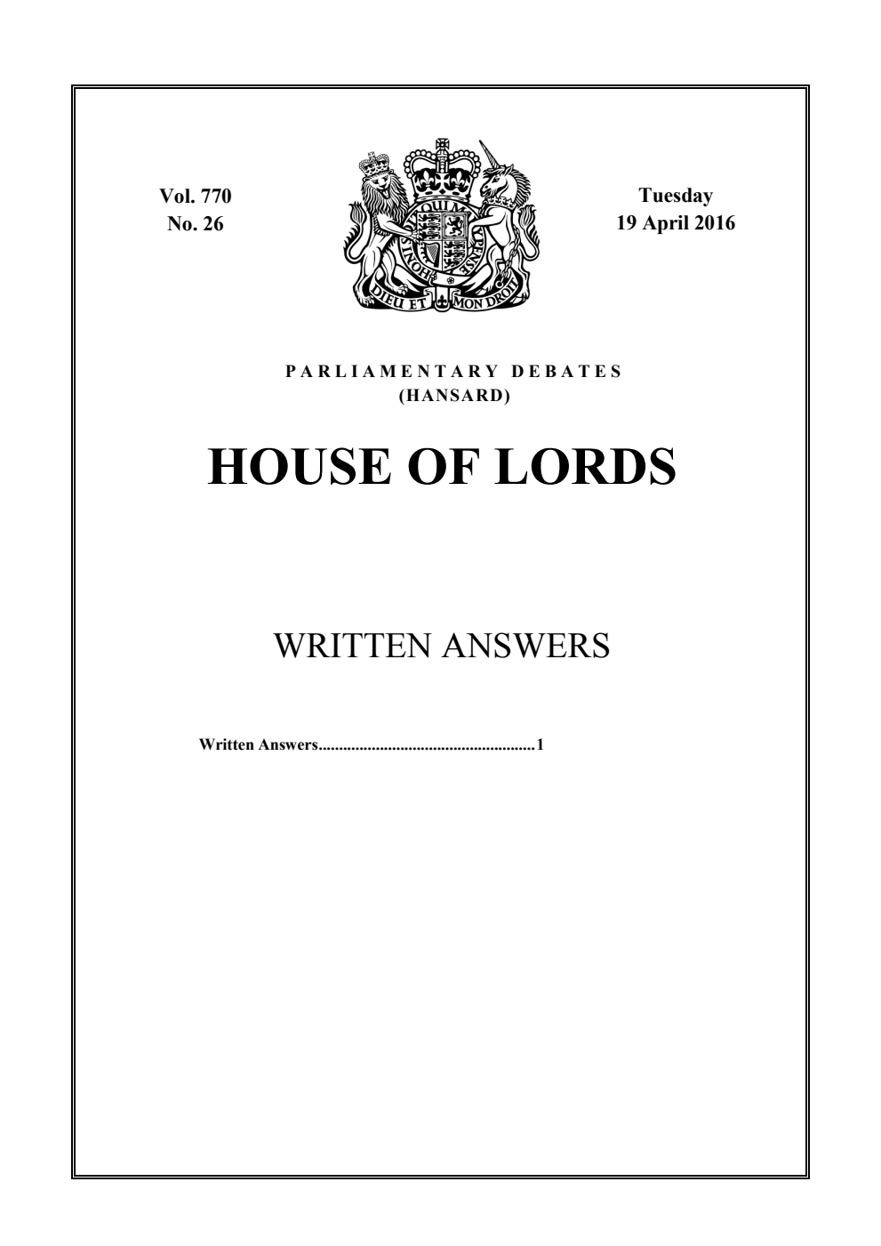 HOL Daily Report Written Statements and Answers 19.04.16