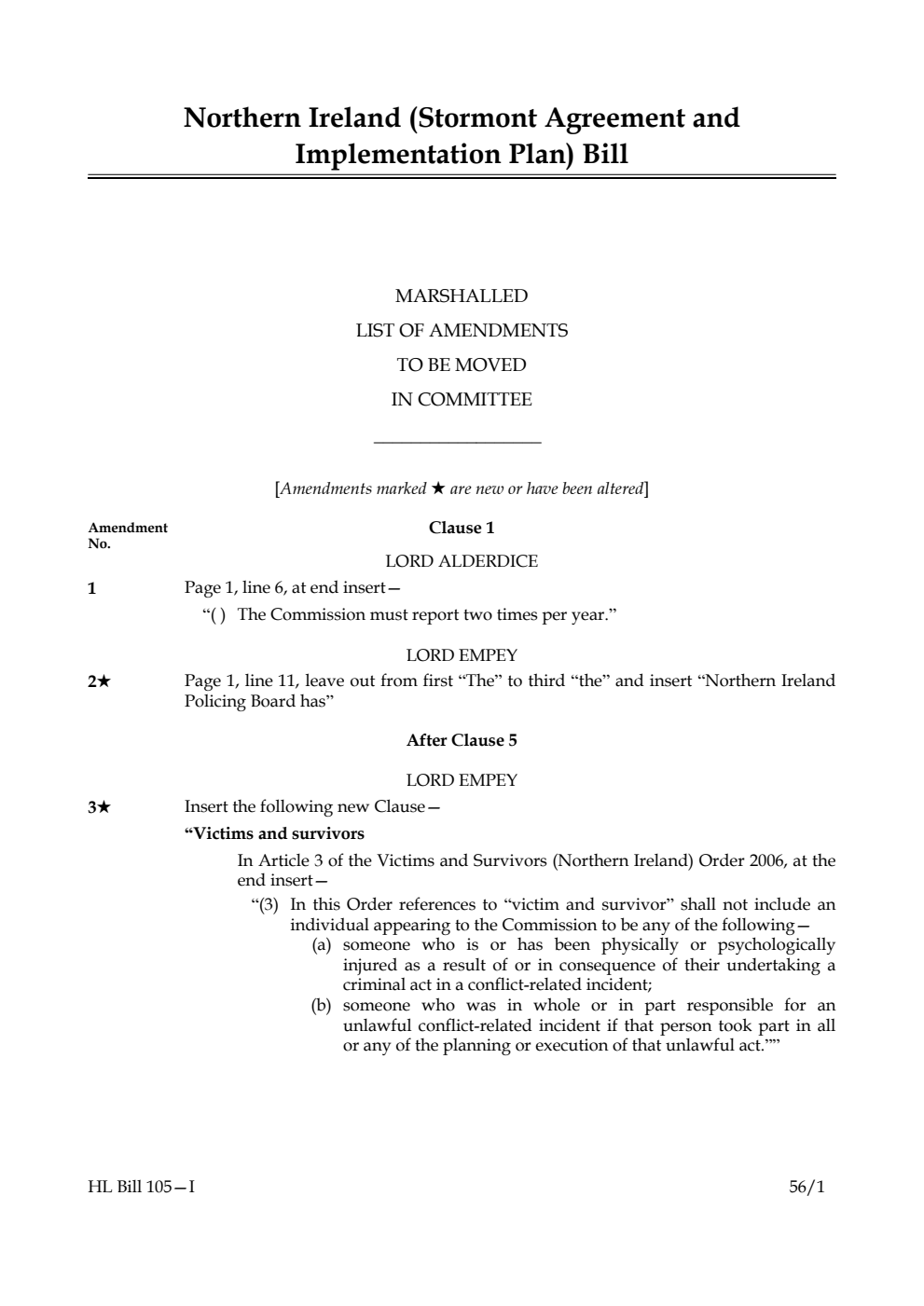 Northern Ireland (Stormont Agreement and Implementation Plan) Bill Lords Amendments 1st Marshalled List