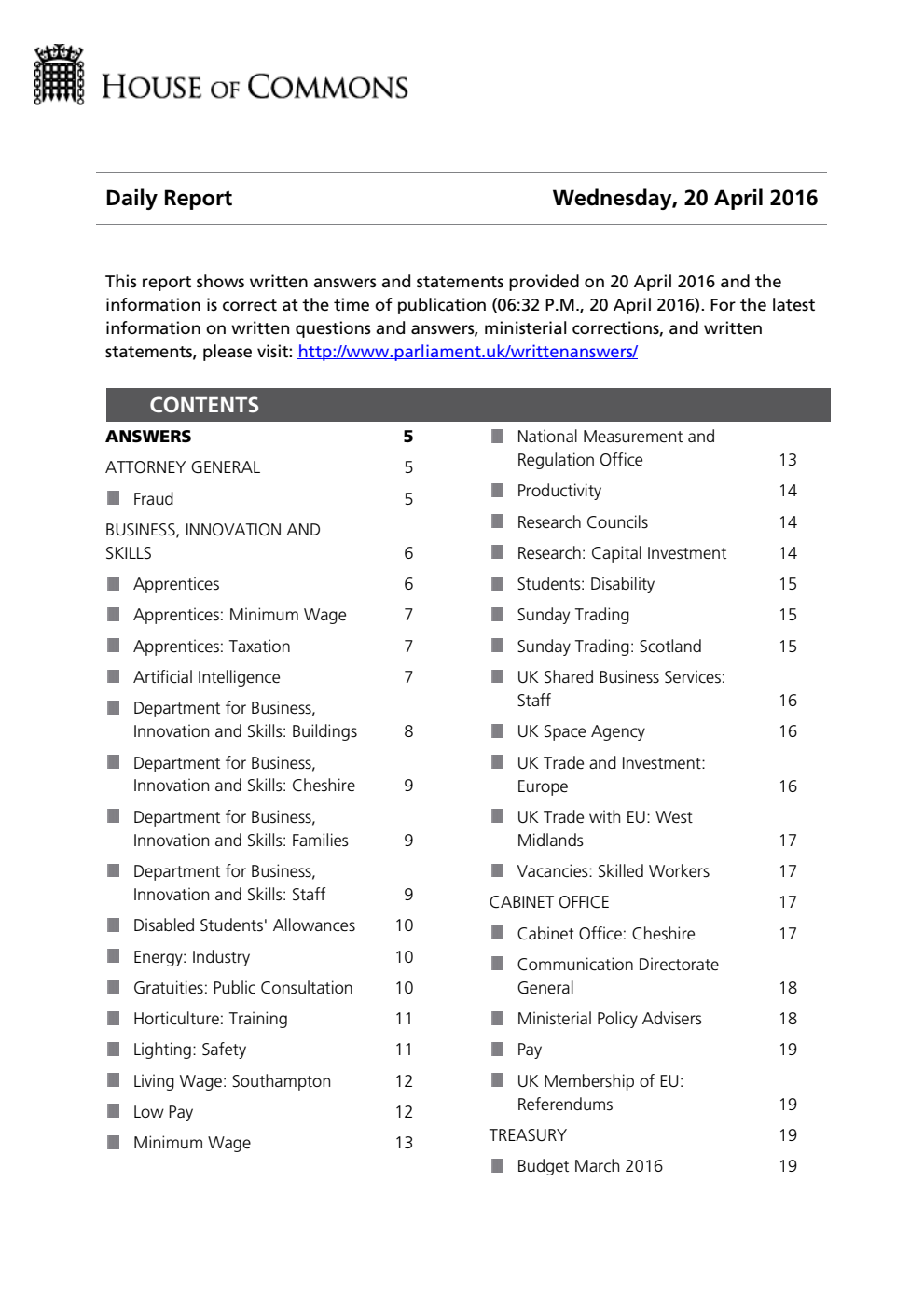 HOC Daily Report Written Answers 20.04.16