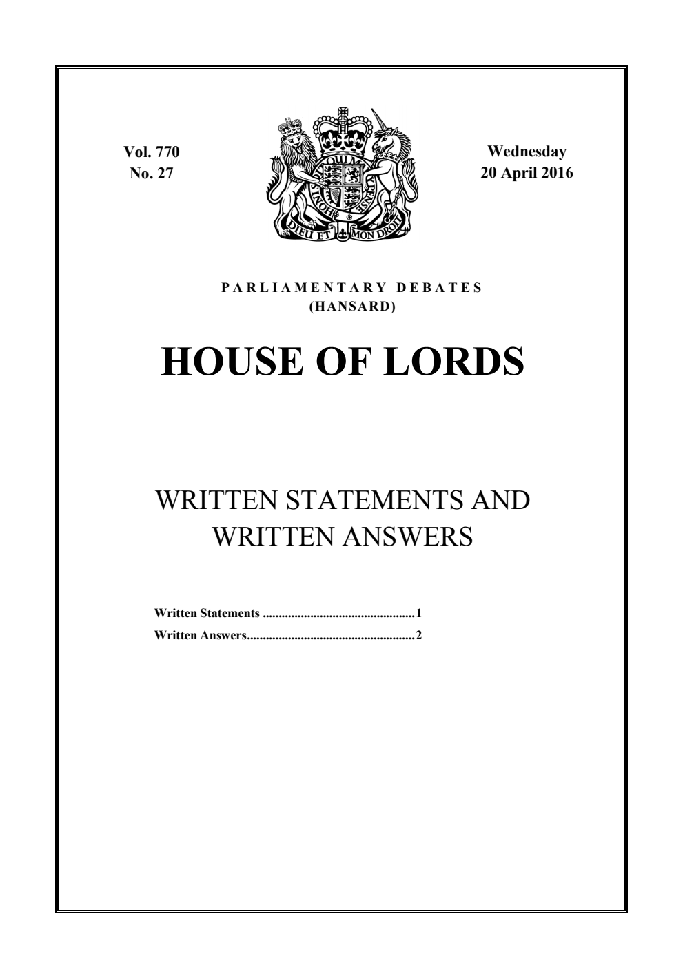 HOL Daily Report Written Statements and Answers 20.04.16