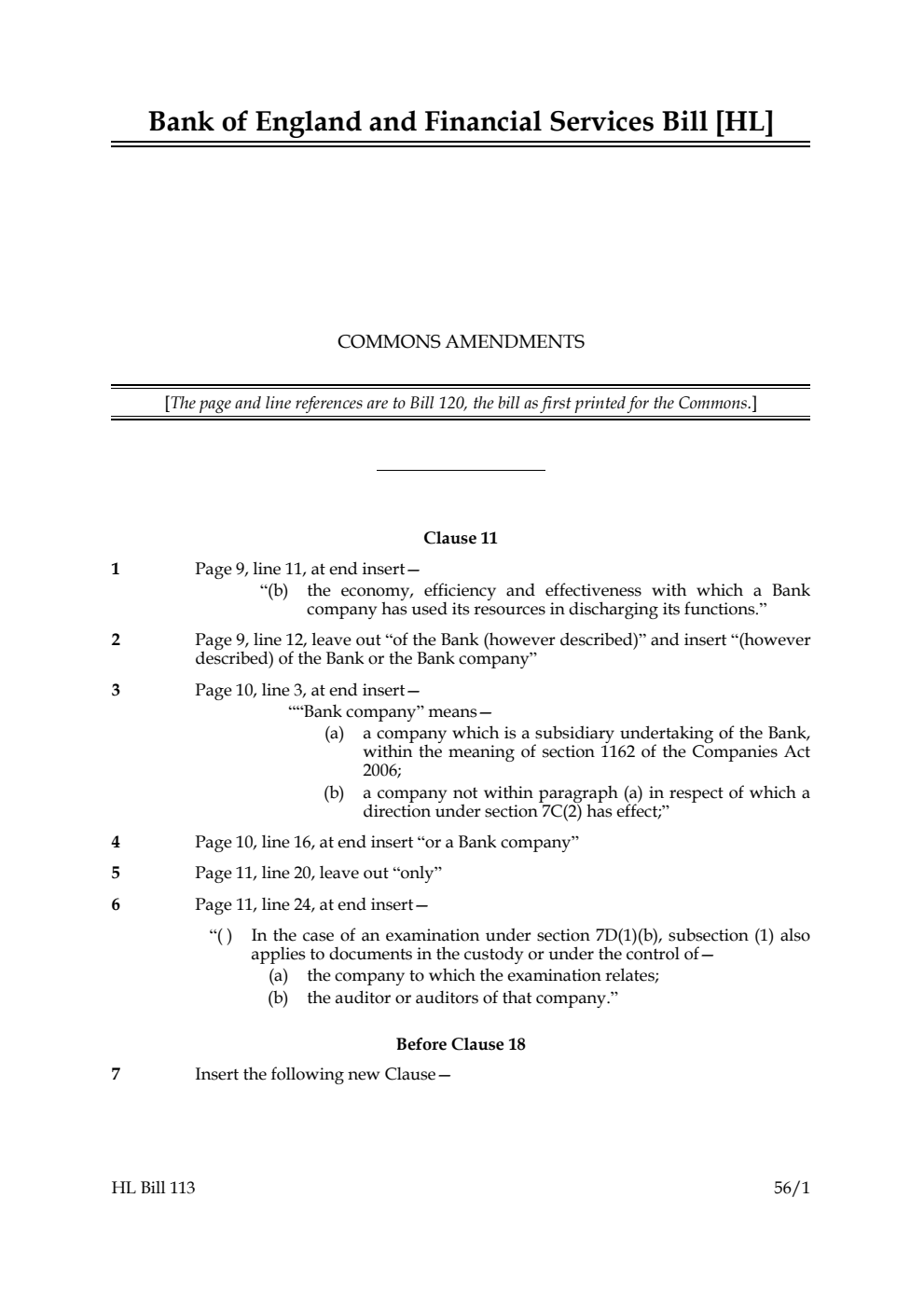 Bank of England and Financial Services Bill Commons Amendments