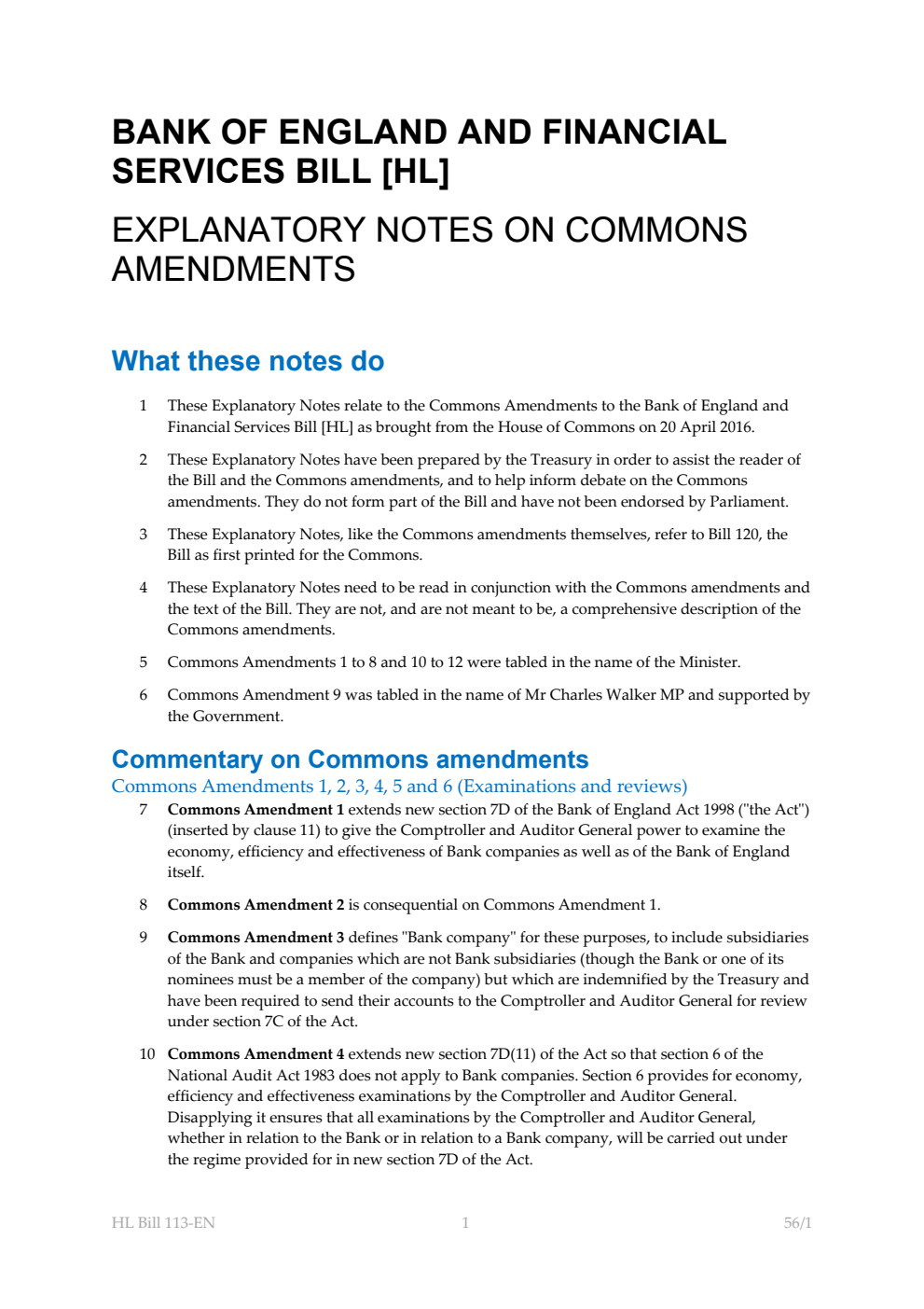 Bank of England and Financial Services Bill Explanatory Notes on Commons Amendments