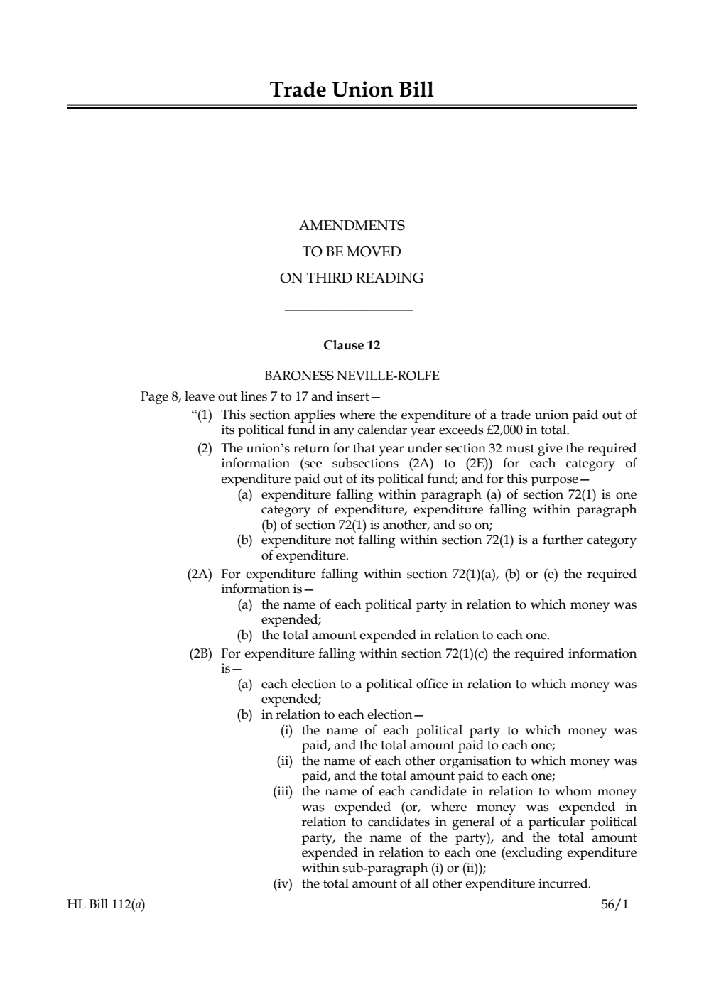 Trade Union Bill Lords Amendments